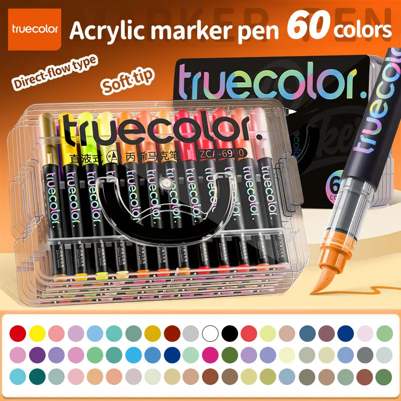

Truecolor ZCA-6990 Acrylic Marker Pens Set 60 Vibrant Colors Student Art Supplies Black Barrel Direct Liquid Stackable Box for