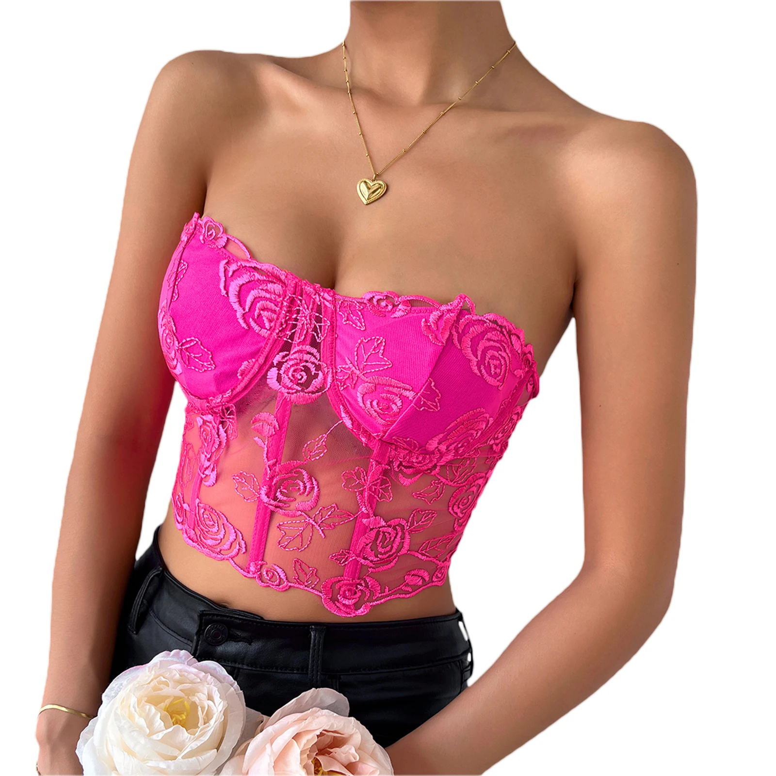 Tube bustier sexy Y2K pour femme, Y-Broderie, Fleur transparente, Précieux initié, 03/Club, ix