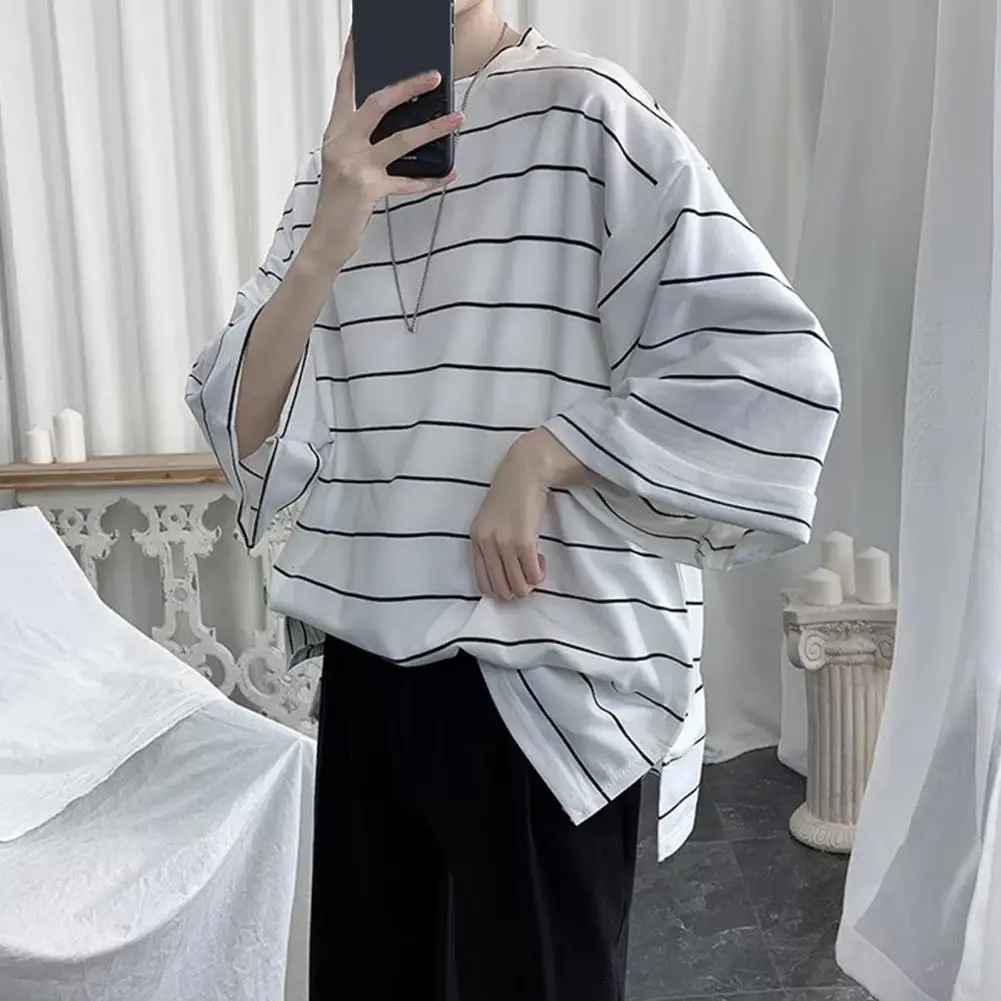 Cool Striped Patchwork T-Shirt Men Autumn Oversize Tops Boys Solid Long Sleeve T Shirt Fashion Japanese Gothic Japan T Shirt