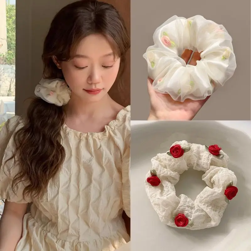 Hair Scrunchies Fashion Flower Print Double Layer Silk Organza Women Big Hair Rope Retro Ponytail Hair Band Elastic Hair Tie