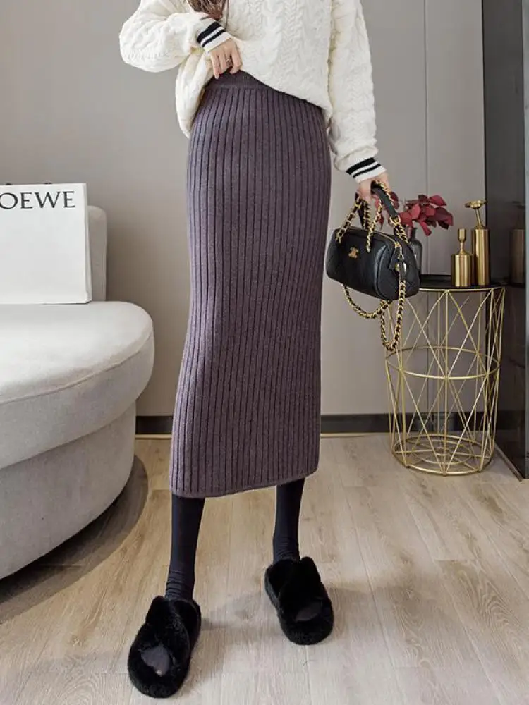 ผู้หญิงลายดินสอ Midi ถักกระโปรงสุภาพสตรีฤดูใบไม้ร่วงฤดูหนาว Warm ตรงยืดหยุ่นเอวสะโพกแยกกระโปรง