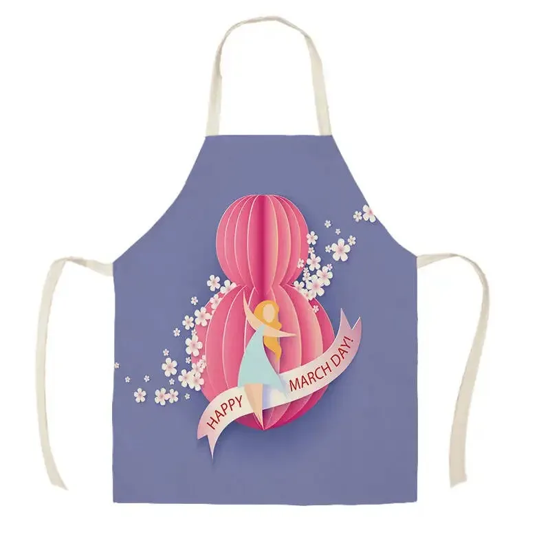 Kitchen Apron Pink Happy Women's Day Print Sleeveless Cotton and Linen Apron Happy Mother's Day Cleaning Tools