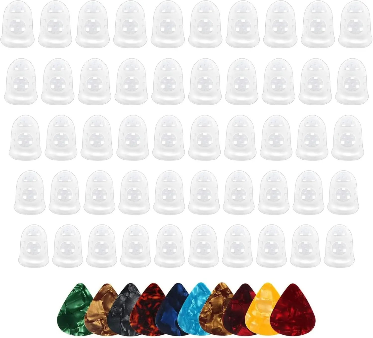 

50 Pcs Guitar Finger Protectors Silicone Fingertip Covers 5 Sizes with 10 Picks for Ukulele Electric Guitar Beginner