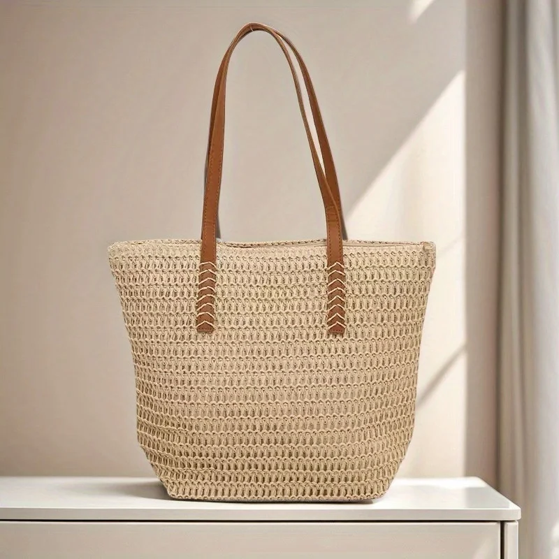 Modische und vielseitige gewebte Damentasche mit Reißverschluss für Reisen, Strandtasche mit großem Fassungsvermögen, Handtasche – Detail 6