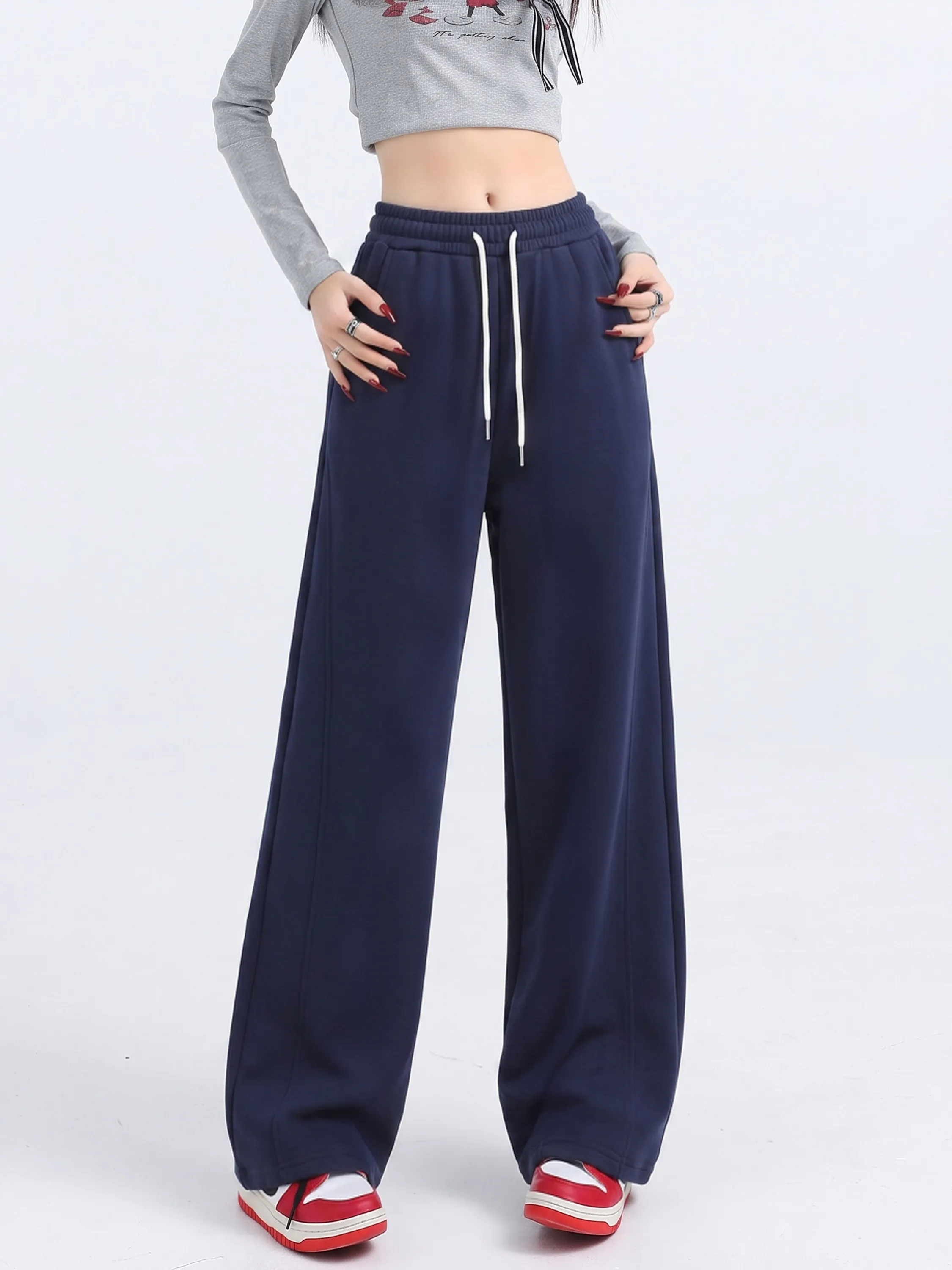 Sporty Wide Leg Pants Women's Autumn Winter New Style Loose Elastic Waist Slimming Drapey Floor-Length Sweatpants