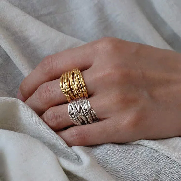 925 srebrne pierścionki dla kobiet prosty Vintage ręcznie regulowany palec złoty pierścionek modny pasek kobieta Bijoux prezent — zdjęcie 5