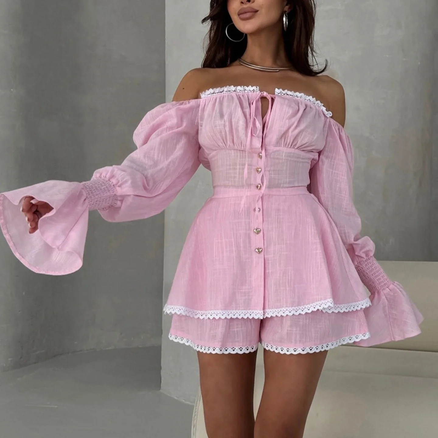 

Strapless Bell Sleeve Long Sleeve Top And Shorts Set One Shoulder Cotton Blend Fashionable Casual Wear for Women
