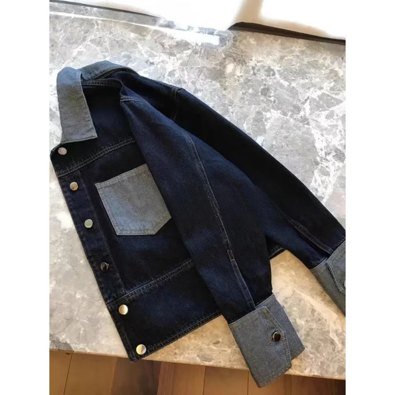 Women's Two-Tone Denim Jacket, Color Block Patchwork Jean Jacket, Casual Loose Fit Trucker Style Outerwear