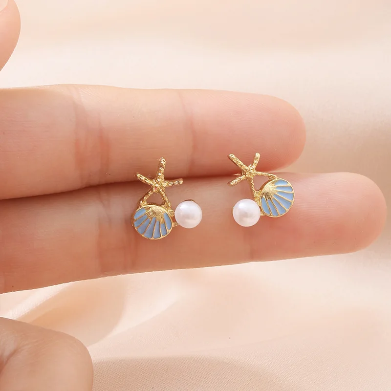 Ocean Element Dripping Oil Blue Scallop Personalized Women's Earrings