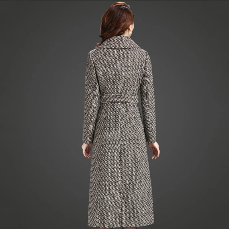 Manteau en cachemire à carreaux pour femmes, veste longue en laine, pardessus à double boutonnage, coupe-vent en laine, ceinture mince, vêtements d'extérieur pour femmes, automne, hiver