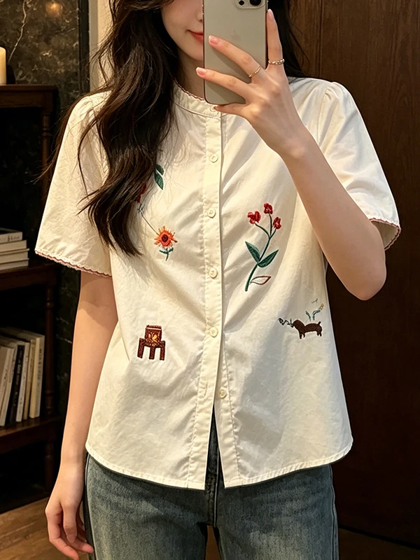 

Sweet Youthful Large Size Shirt Women's 2026 New Summer Gentle Floral Print Ear Mushroom Shoulder Top Korean Style Commute