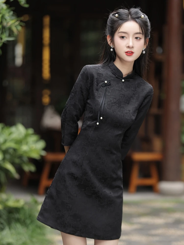 

Young Girl's ort New Chinese Sle Slimming Daily Vintage A-Line Skirt Ladylike Design Low Slit Seven Sve Length