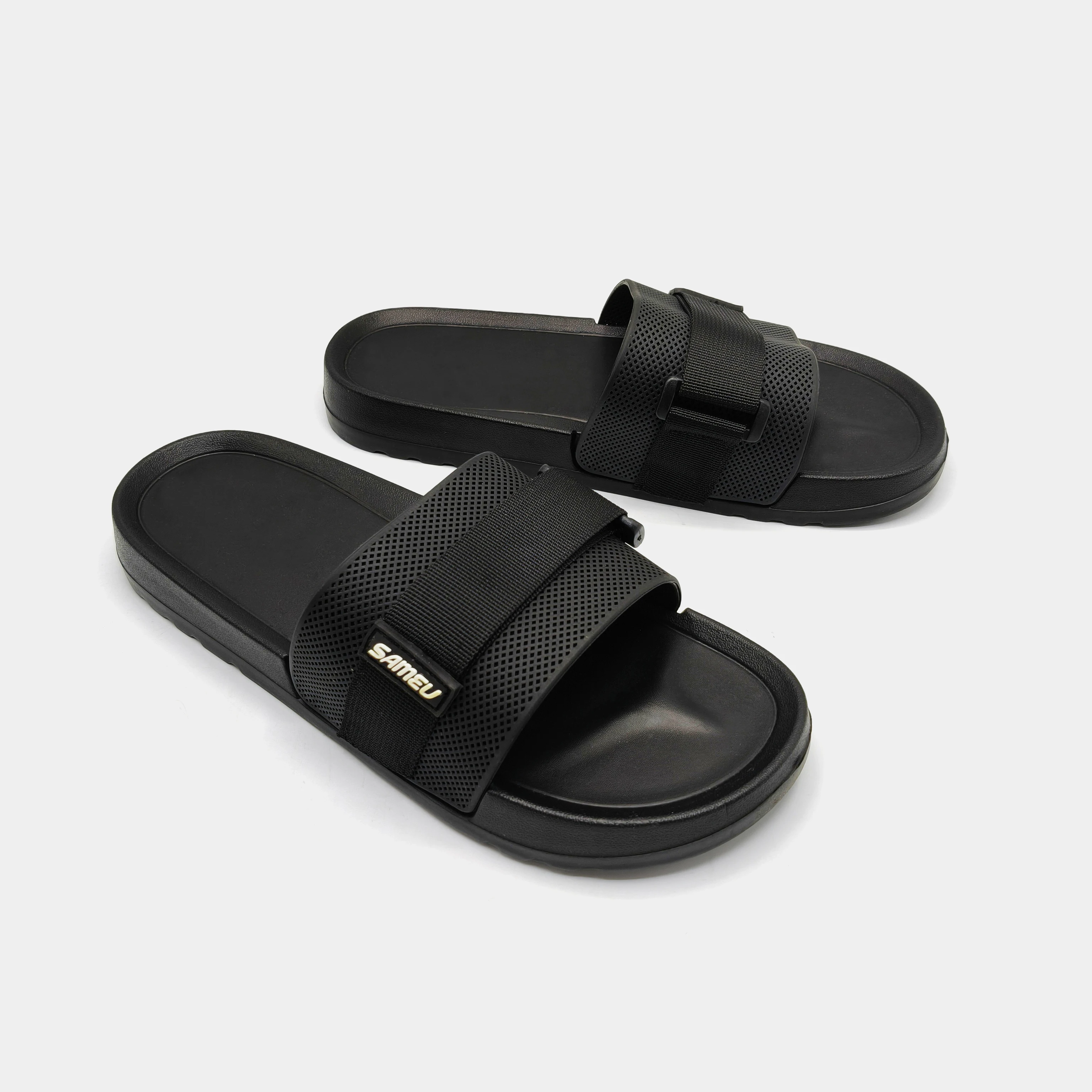 Women's Adjustable Hook‑Loop Webbing Slides, Small Logo Decor Thick‑Sole Casual Open‑Toe Beach Slippers