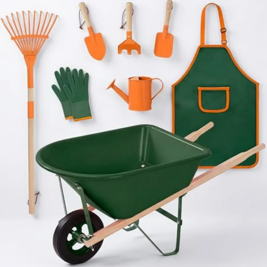 

Gardening Tool Set 8 Piece with Wheelbarrow Metal Tools Watering Can Apron and Gloves Child Garden Play Set for Outdoor Backyar