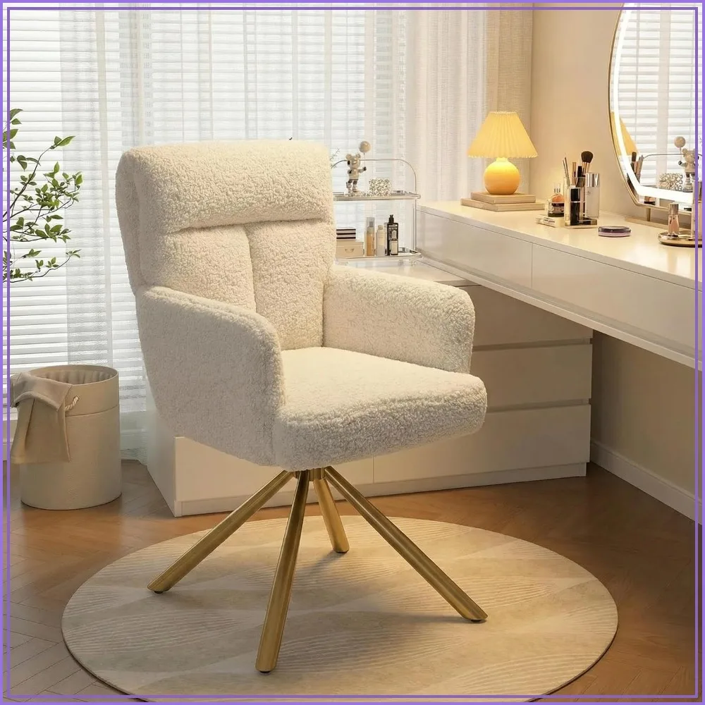 Teddy Upholstered, Boucle, Gold Metal Vanity Chair With Back, Criss Cross Legs
