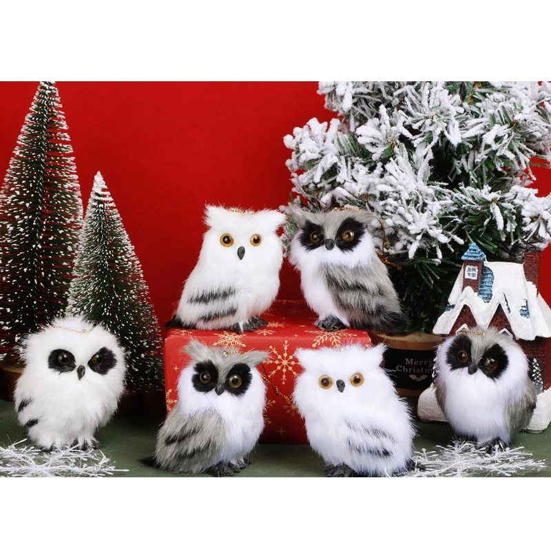 Owl White Black Furry Christmas Bird Ornament Decoration Cute Adornment Simulation for Home Decor Gifts 2024