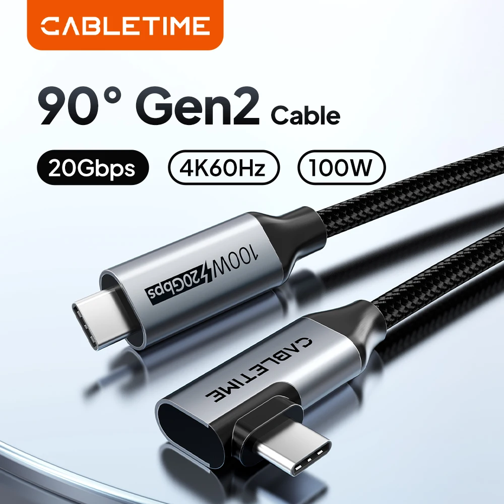 CABLETIME USB C auf USB C-Kabel USB 3.2 Gen 2 20 Gbit/s 90 Grad PD 100 W 4K 60 Hz Video-Schnellladung für iPhone 16 MacBook Pro iPad