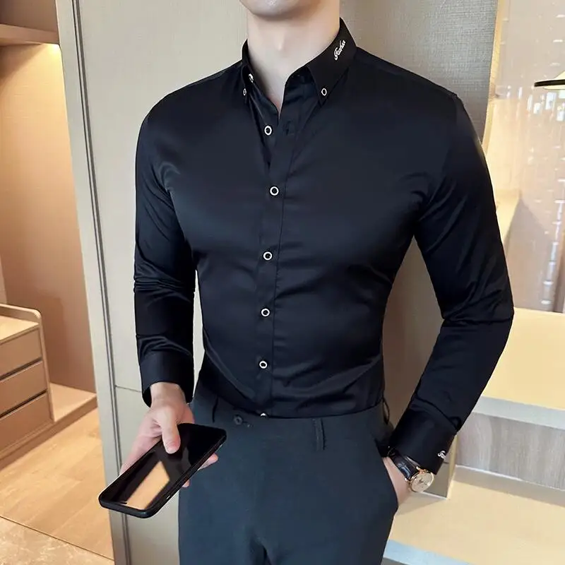 New Korean Neckline Embroidery Shirts Men Long Sleeve Business Slim Casual Shirts Formal Office Social Party Tops Men Clothing