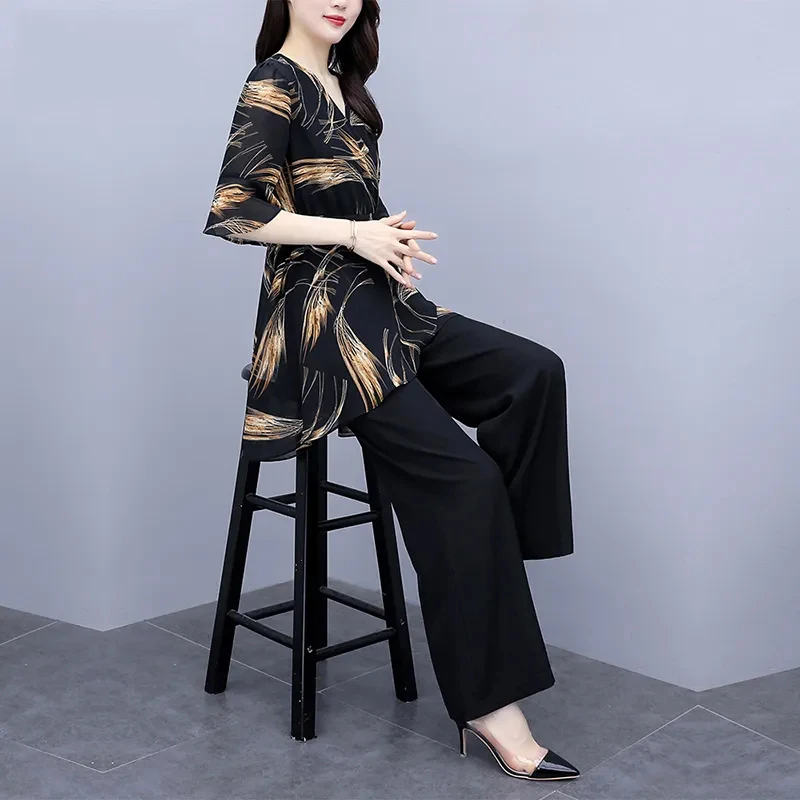 Korean Fashion Loose Wide Leg Pant Suit Women Plus Size 4Xl Casual Two Piece Set Elegant Irregular Print Blouse Female Outfits