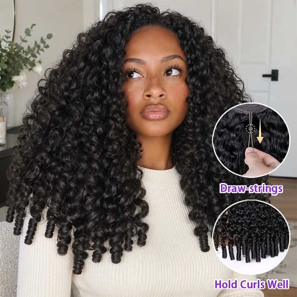 Parrucca a metà lunghezza con capelli ricci birmani, realizzata con capelli umani, lunghezza 22 pollici, pronta da indossare, con elastico e punte ricce a spirale, modello 3 in 1 con fascia per