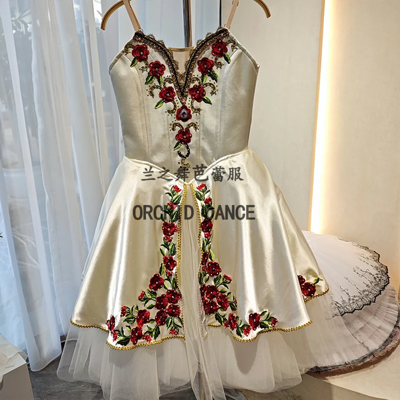Women off-white satin V-neck spaghetti strap long ballet dress vintage red rose gold thread embroidery gold trim outer skirt dou