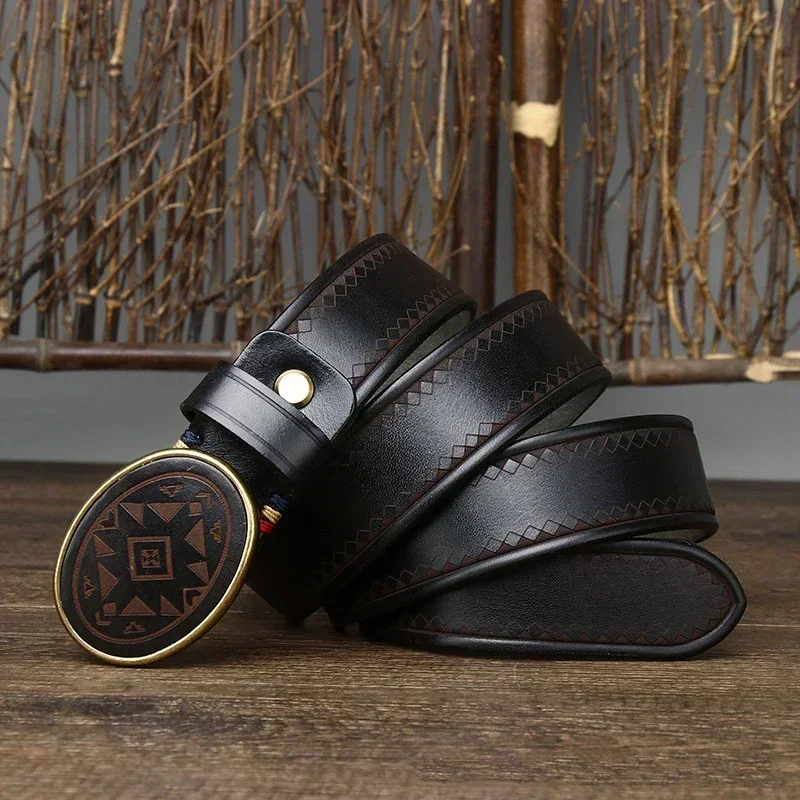 3.8CM Men High Quality Genuine Leather Belt Luxury Smooth Buckle Belts Pure Cowskin Laser Engraving Strap Male Jeans for Man