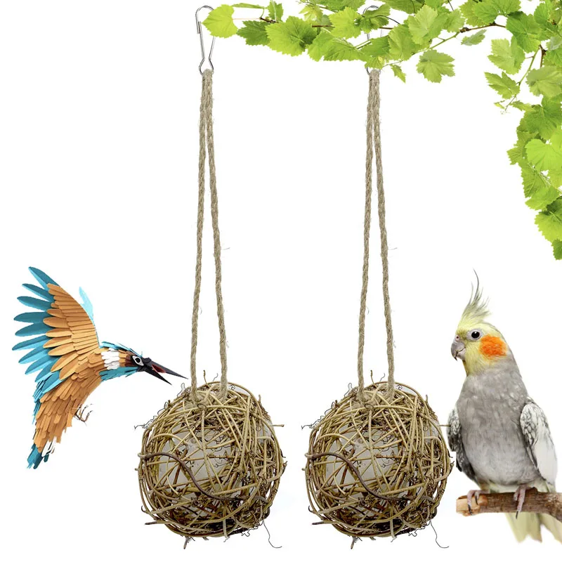 Bird Toys Hummingbird Nesting Parrot Chew Toy Rattan Balls Wire Drawing Cotton Inner Core Hanging Bird Cage Accessories