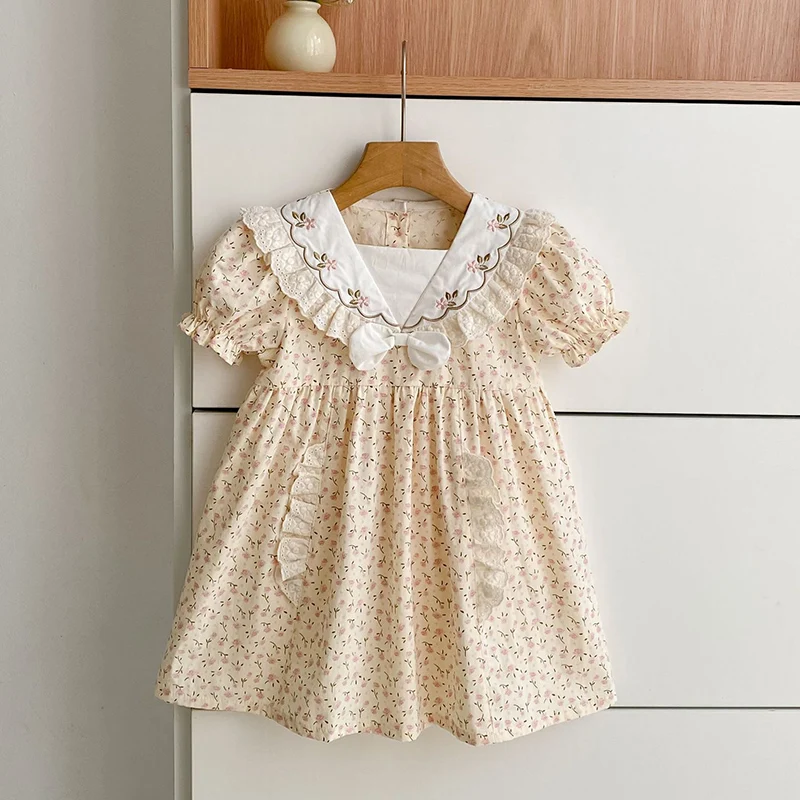 2026 New Summer 2-6Yrs Baby Girl Party Dress Short Sleeved Cotton Printed Splicing Infant Baby Romper Kids Princess Dresses