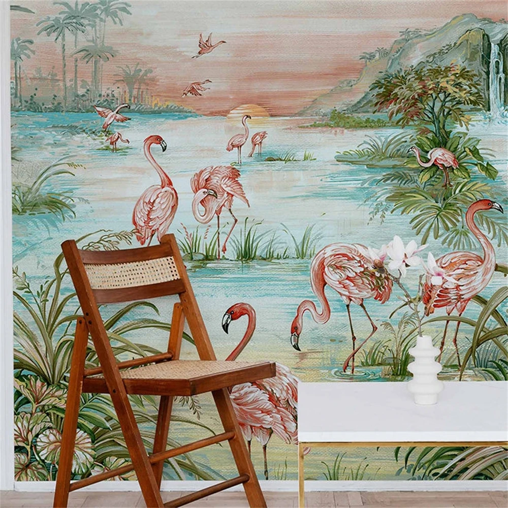 custom papel de parede 3d European tropical plant flamingo wallpaper home decor mural papel mural house decoration wall stickers