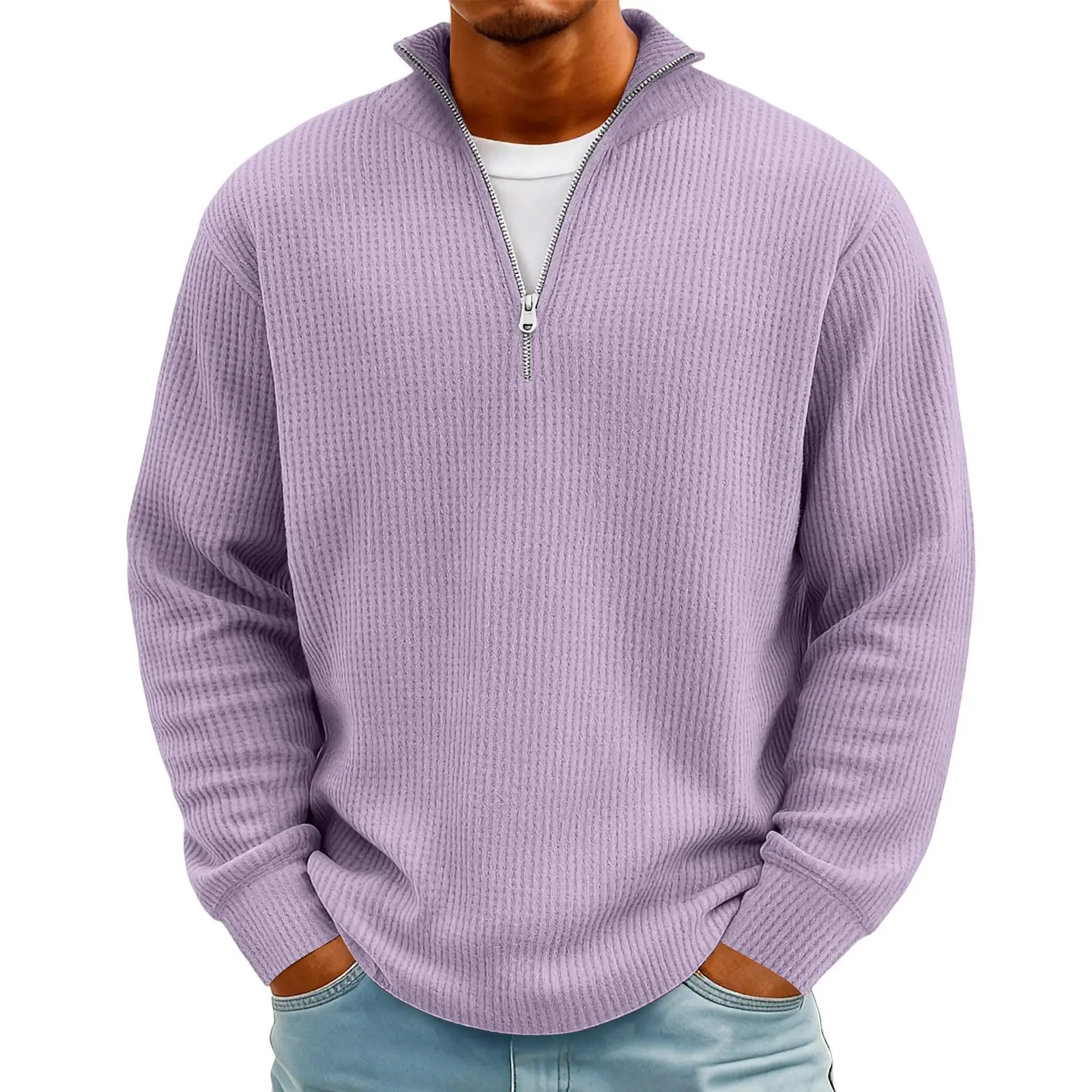 Novos moletons para homens primavera waffle manga comprida camiseta masculina casual solto zíper gola polo camisetas topos homem outwear