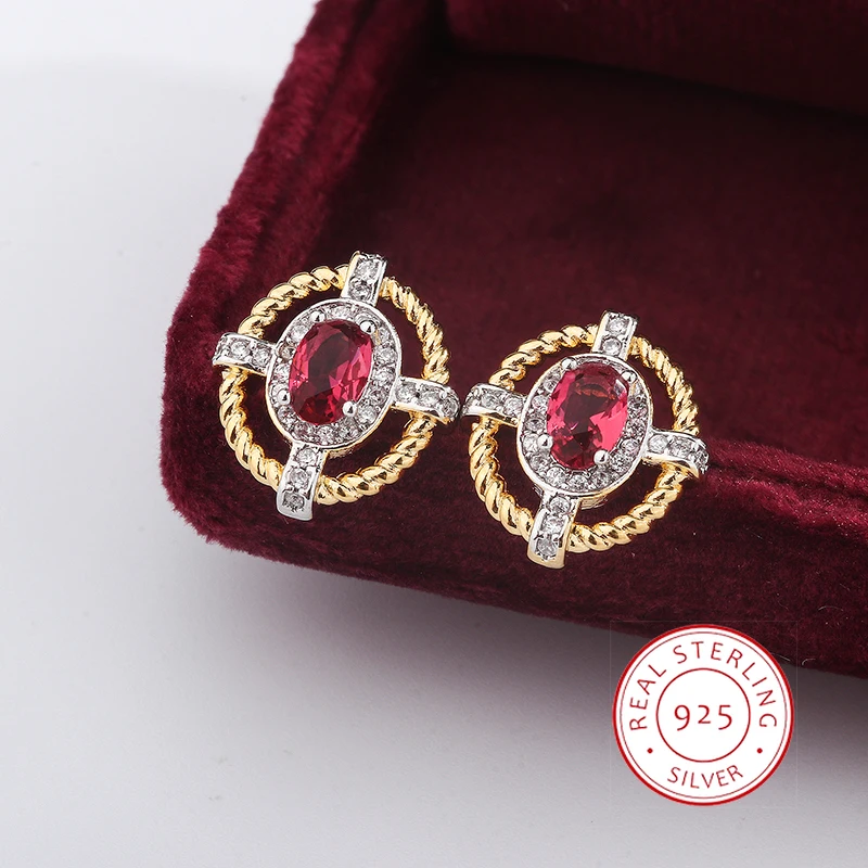 أقراط زيركون ذهبية بيضاوية للنساء ، فضي ، أحمر طبيعي ، مجوهرات حفلات الخطوبة ، جديد ،