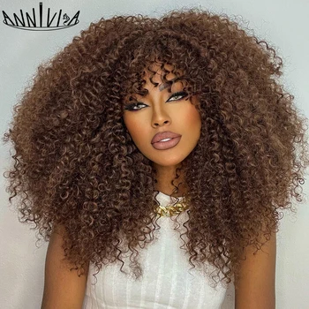 Perruques bouclées pour femmes noires perruques Afro courtes crépues bouclées avec frange 16 pouces cheveux Afro bruns cheveux de Cosplay en fibres synthétiques