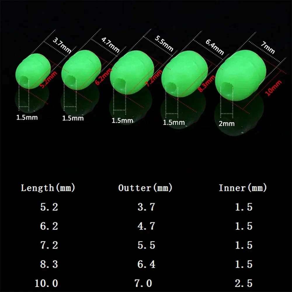 Elllv 100pcs 녹색 바닷물 낚시 원통형 부드러운 고무 빛나는 구슬 빛나는 스토퍼 낚시 후크 미끼 액세서리