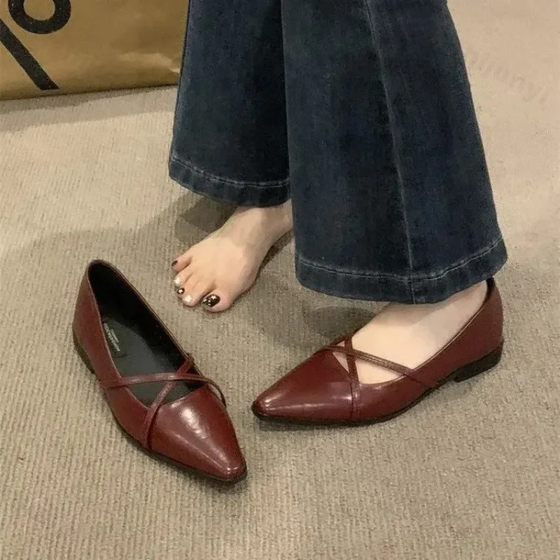 

Fashion Cross Strap Women Mary Jane Shoes New 2025 Autumn Pointed Toe Dress Flat Shoe Ladies Red Soft Sole Ballet Shoes Zapatos