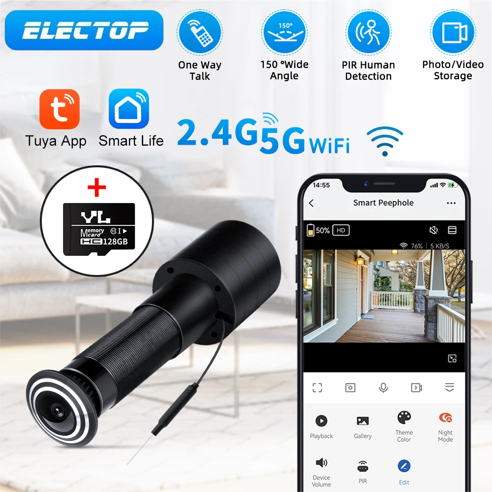 ELECTOP Tuya Video Peephole 2.4&5G Wifi Camera Motion Detection Wireless Door Eye Viewer Video Intercom Home Security Protection