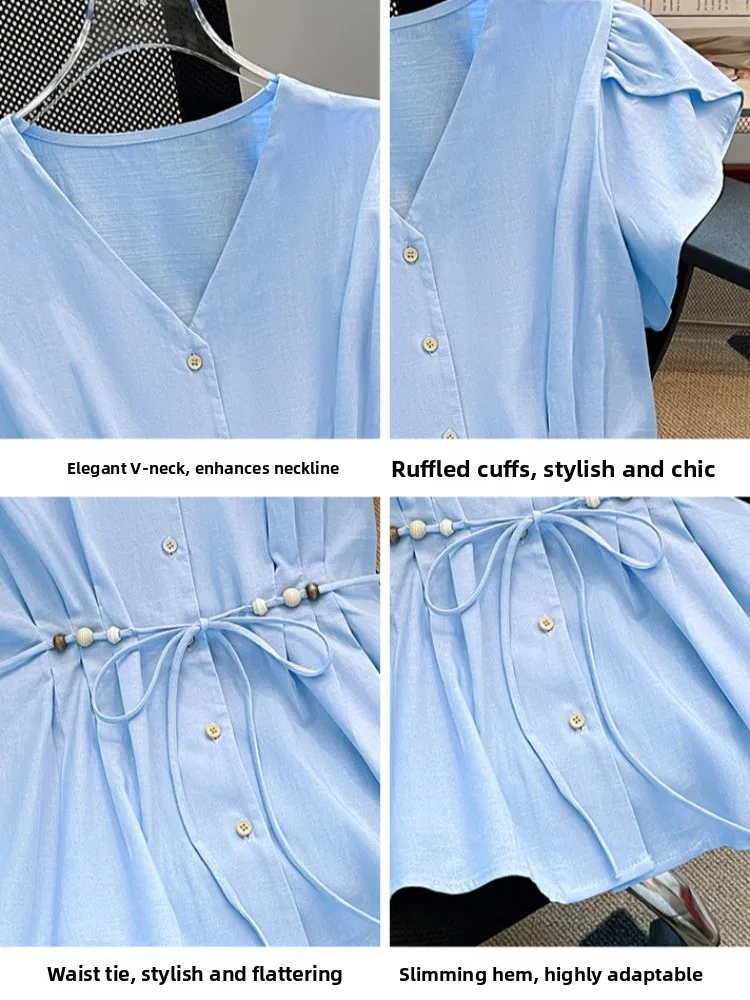 Slimming V-Ne ort Sve irt Women's Summer Self-Preservation Sle Belted Korean Version Loose Fit Button Decorated Top