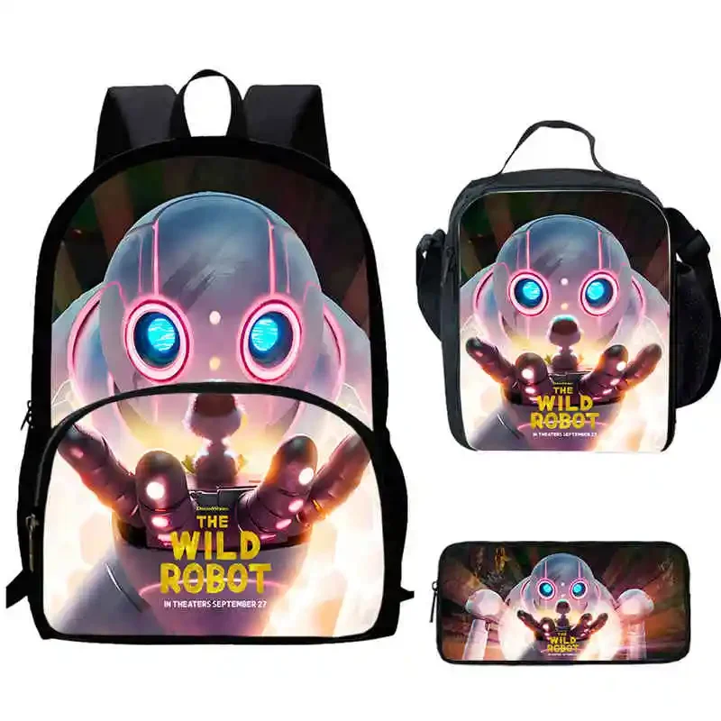 Cartoon Movie W-Wild-R-Robot Child Backpack with Front Pocket,Lunch Bags,Pencil Bags for Aged 5-10 Anime Bags Boy Girl,Best Gift