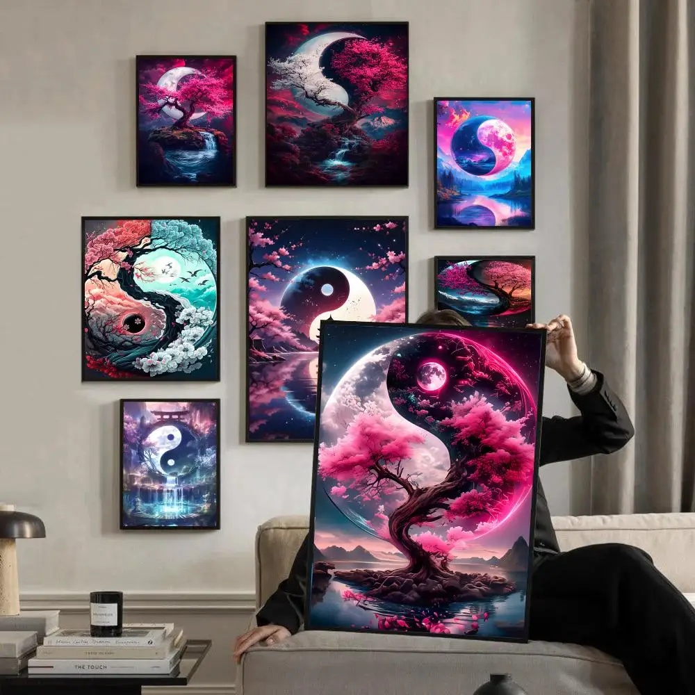 Cherry Blossom Yin Yang HD Calligraphy Waterproof Sticky Wall Art | Easy Apply Home Decor