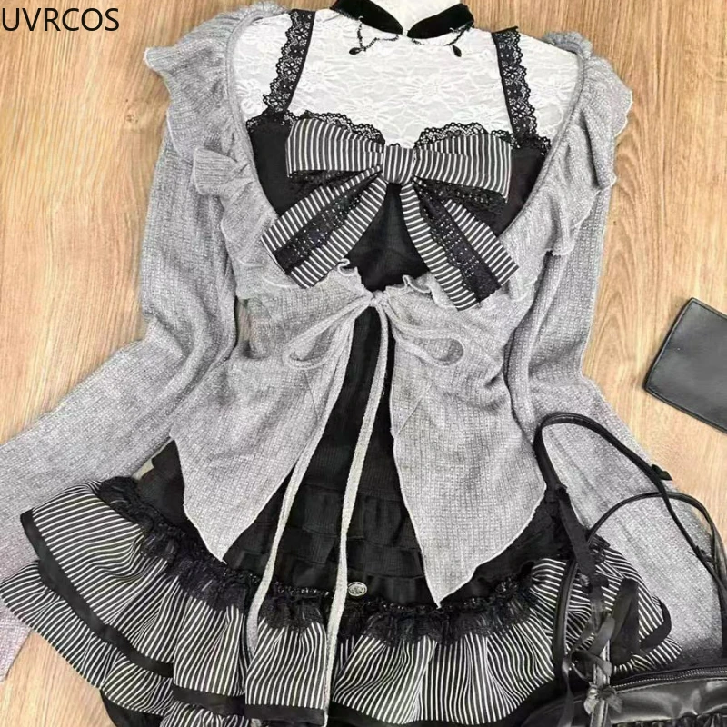 Y2k Lolita Style 3 Piece Set Woman Chic Short Cardigan Cute Bow Vest Tops Kawaii Stripe Pleated Skirts Suit Gothic Sweet Outfits