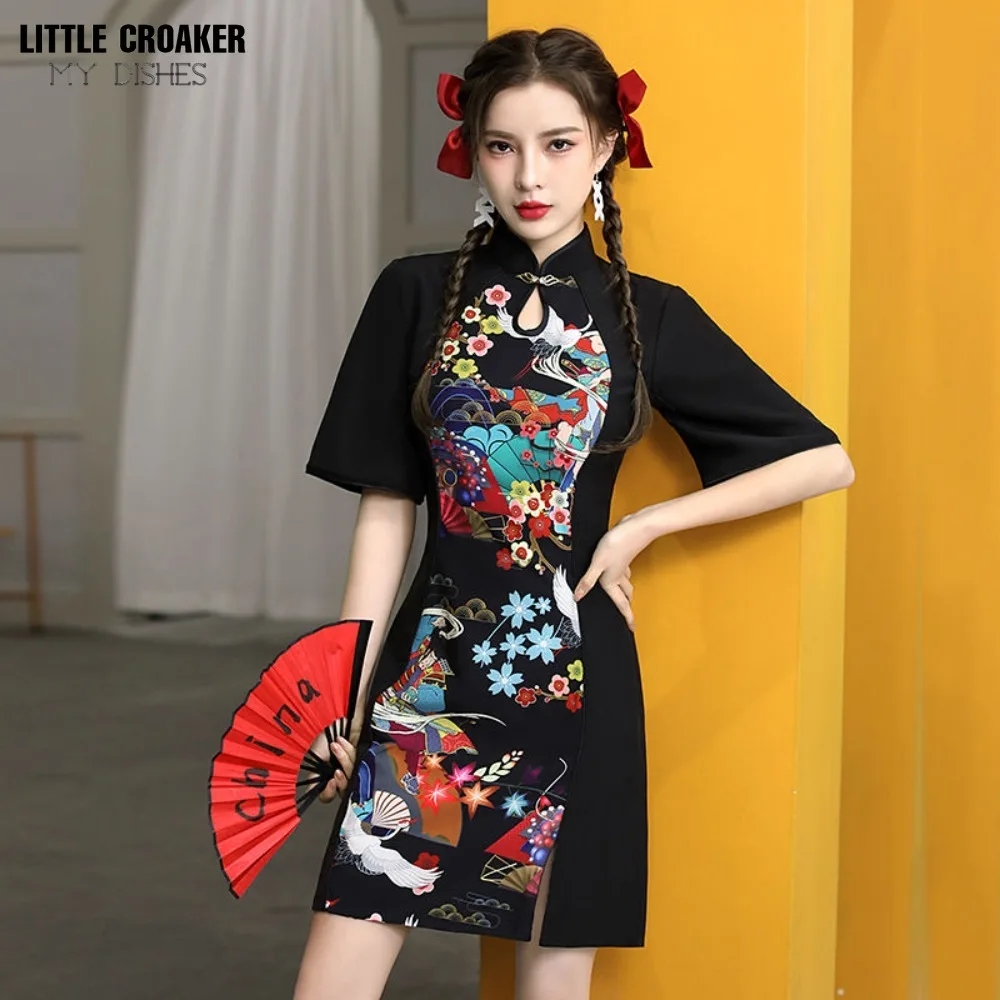 

China-Chic Cheongsam 2023 New Short Young Black Modified Dress with Inverted Large Sleeves Chinoiserie Style Women's Dress