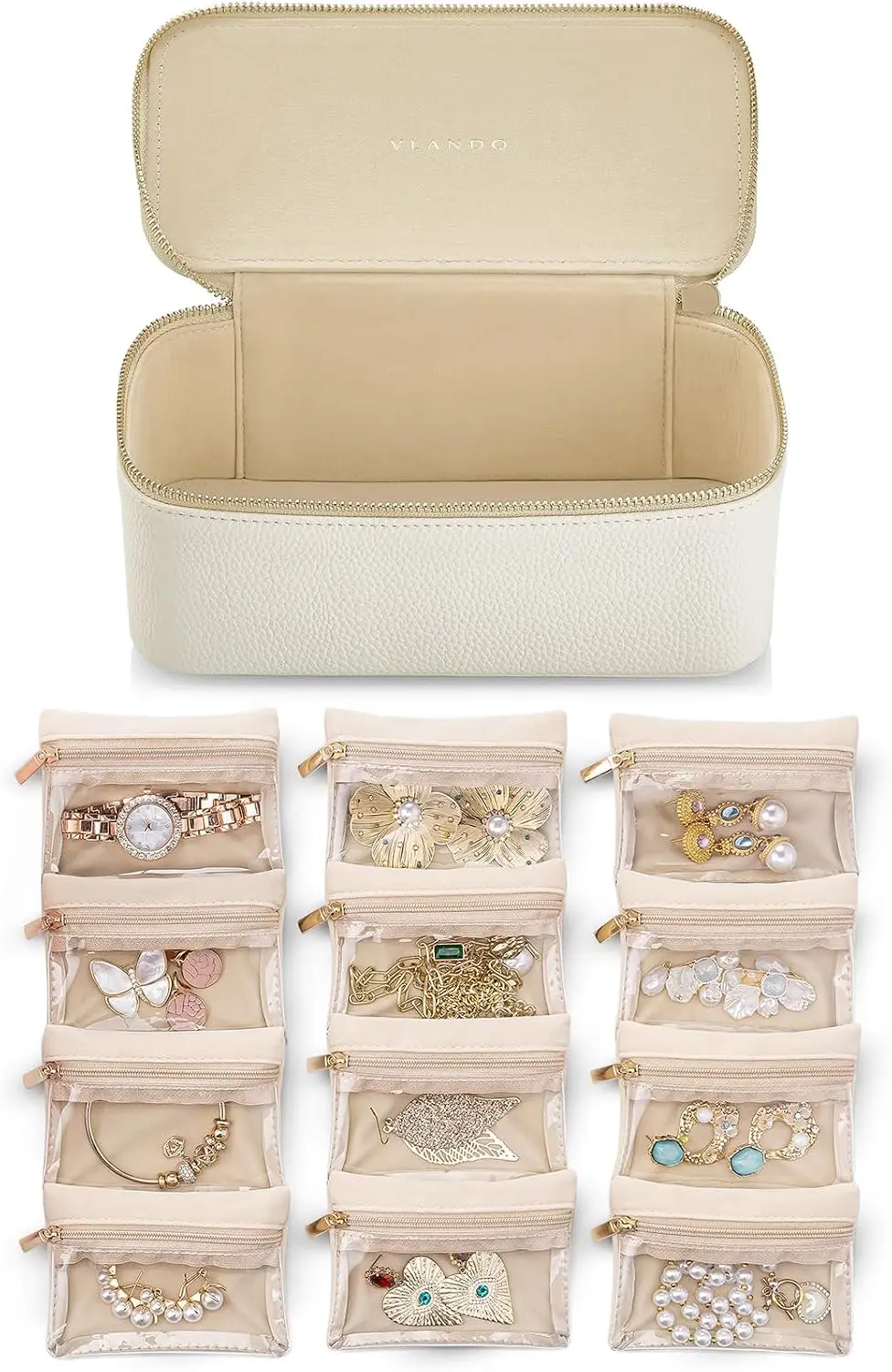 Travel Jewelry Case,Jewelry Box with 12 Velvet Jewelry Pouch Jewelry Travel Organizer for Women Girl Jewelry Case Necklace Rings Earrings Bags Wedding Gifts (White)