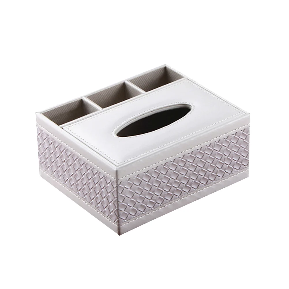

Tissue Box Cover White Woven Pattern Desktop ganizer Paper Holder Pens Container Home Office Multifunctional Non Woven