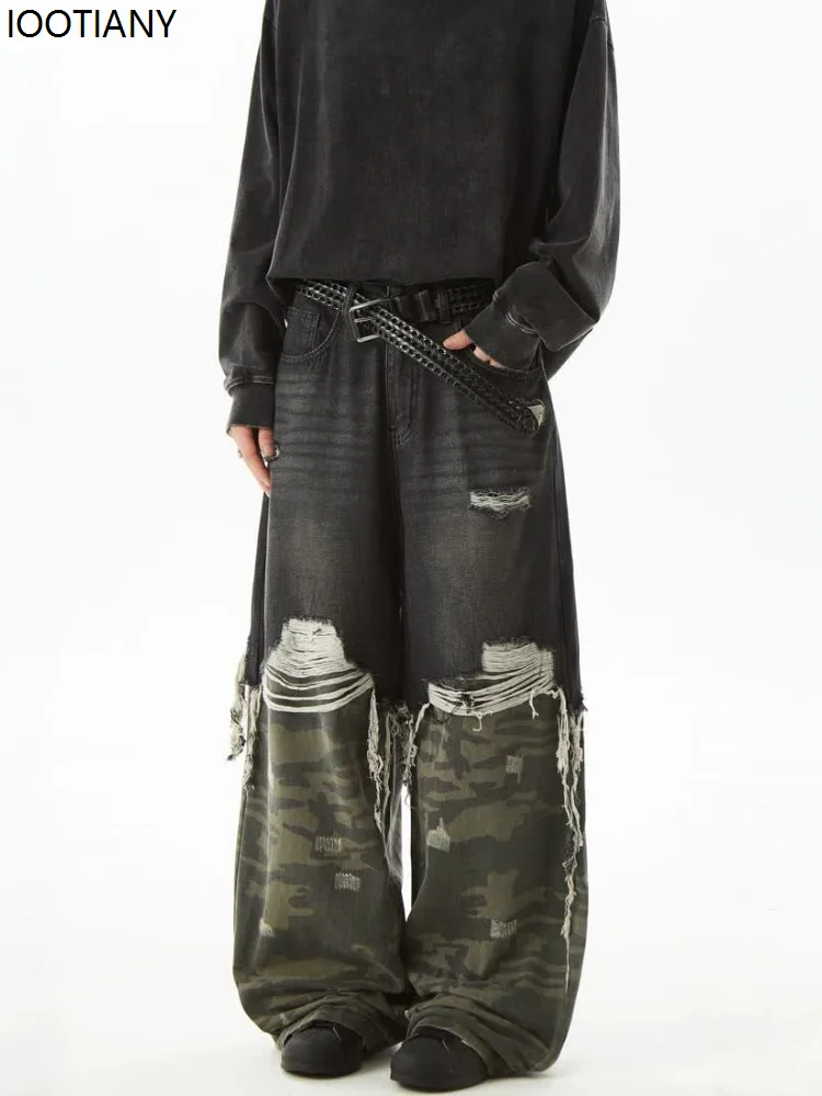 Vintage Camouflage Stitching Women's Jeans Y2k Ripped Washed Wide-leg American Jeans Loose Grunge High Street Wide-leg Pants
