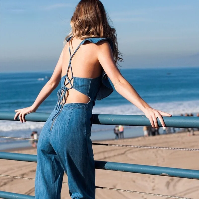 Sexy Backless Jeans Jumpsuit 2021 summer Spring New Ruffled Bodysuit American Fashion Lace Up High Waist Playsuits Streetwear