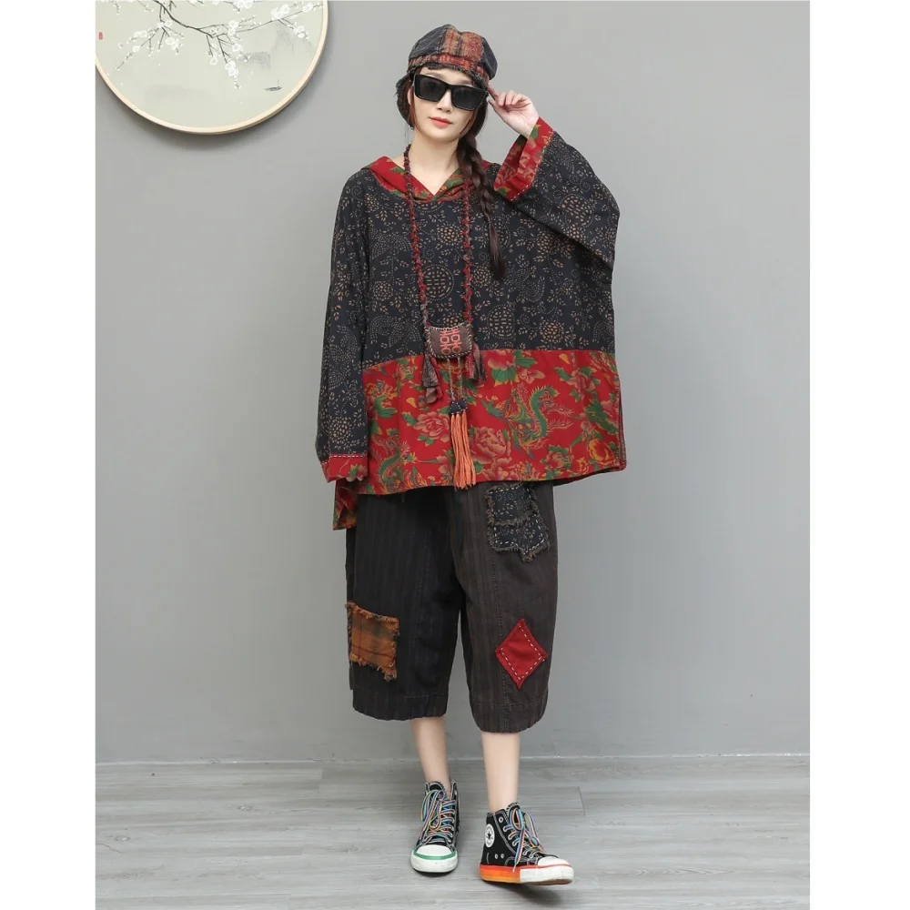 

Artistic Printed Cotton-linen Suit Women Hooded Long-sleeve Top + Loose Cropped Wide-leg Pants Two-piece Set Summer XY227