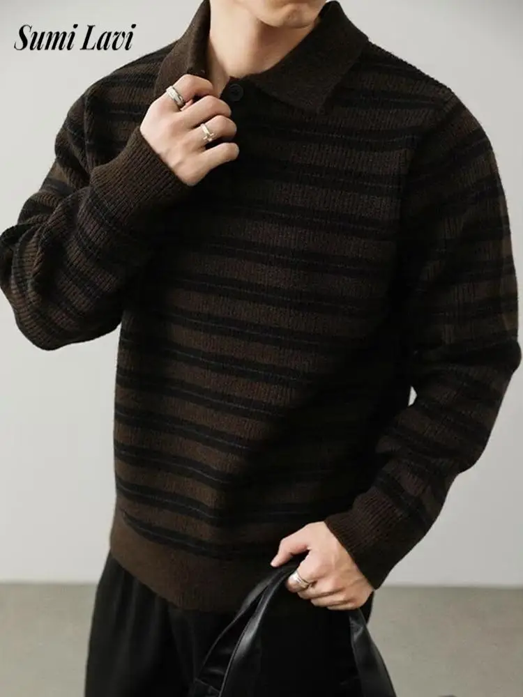 

Зимние повседневные мужские тонкие свитера для отдыха, джемпер на пуговицах с длинными рукавами и отложным воротником, весенний повседневный полосатый вязаный крючком свитер