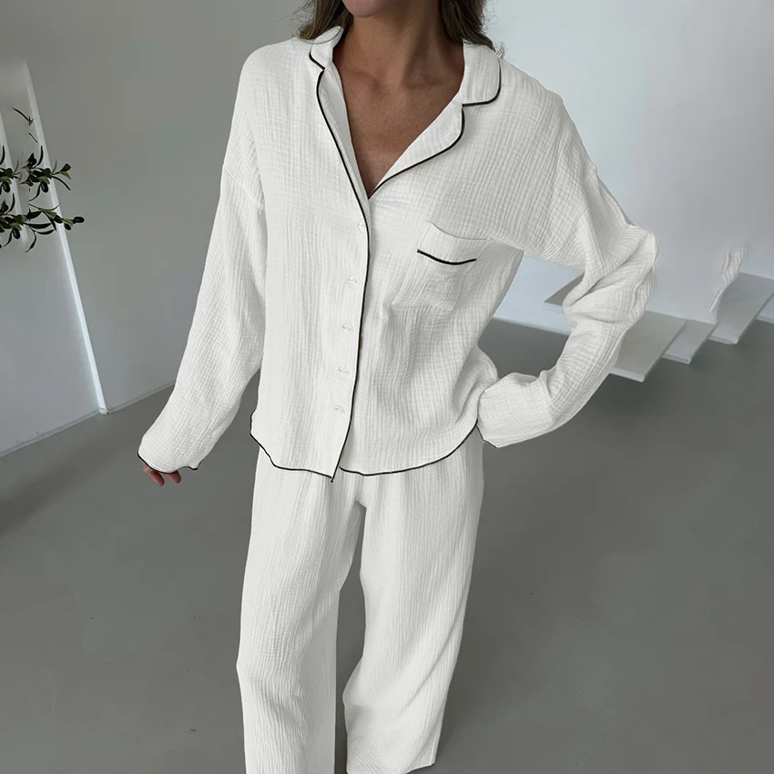 

Hiloc Осенние элегантные хлопковые белые длинные брюки, комплекты повседневных широких брюк с рубашкой на пуговицах, комплекты из 2 предметов, домашняя одежда, пижамы