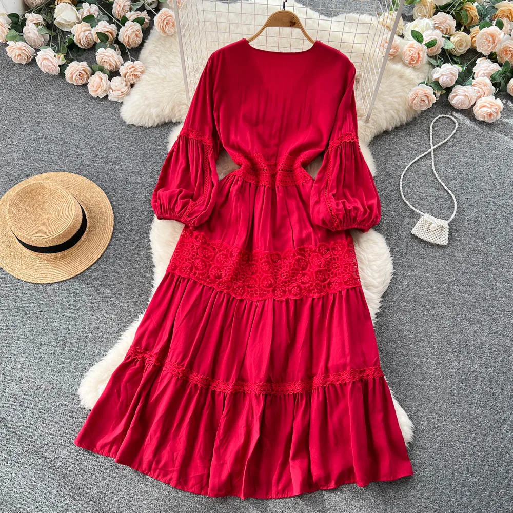 Spring Autumn Elegant Evening Party Dress Women Fashion Bubble Sleeve  French Vintage Long Dresses Ladies Casual Beach Dress - AliExpress 200000345