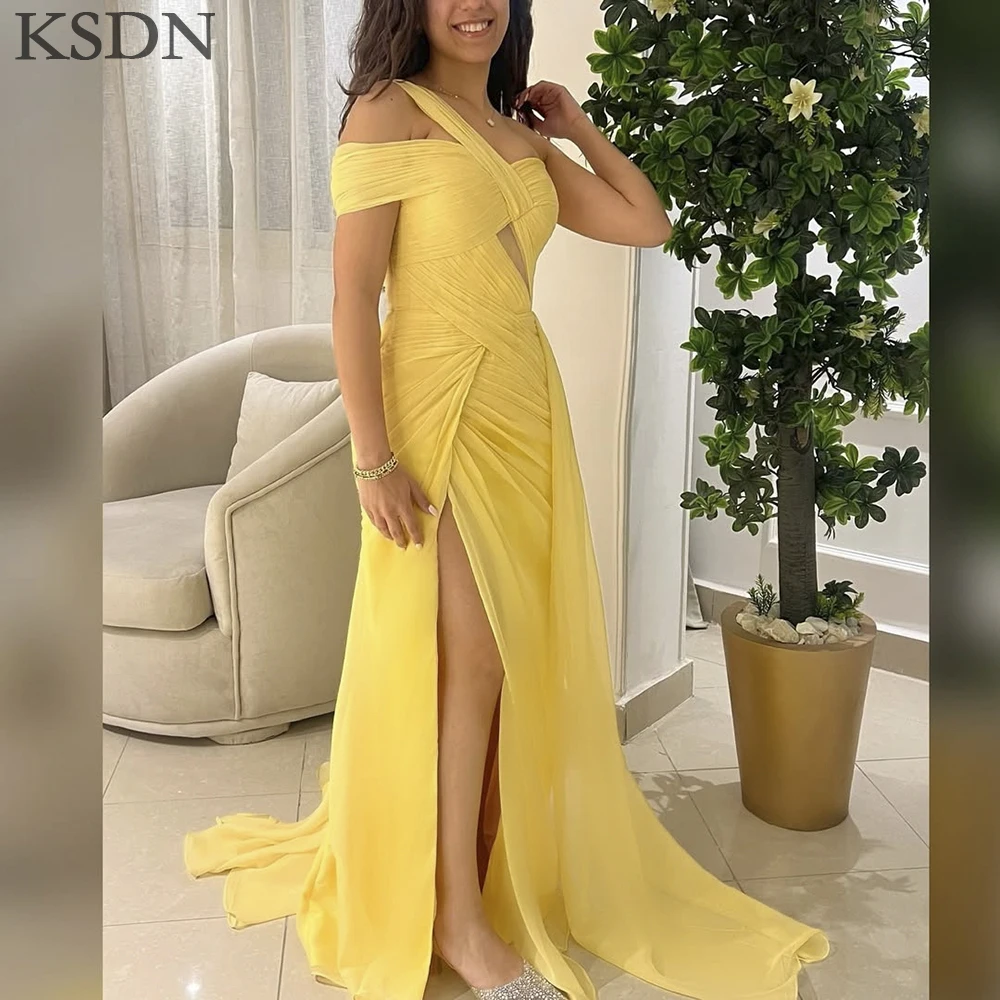 

Sexy Yellow Evening Dresses 2025 Formal Sleeveless Pleat Chapel Train Gowns Elegant Women Split Dress Vestidos 2025