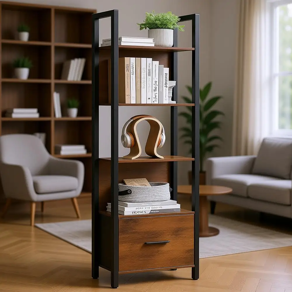 

5-уровневая промышленная книжная полка — коричневый и черный в деревенском стиле, подходит для гостиной, домашнего офиса, спальни, 9,4x15,7x65 дюймов